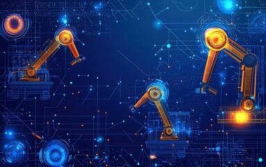 Poster - Robotic arms in a high-tech environment showcasing automation and advanced technology in a digitally enhanced workspace