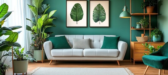 Stylish living room interior design in green with sofa, houseplants and wooden shelf.