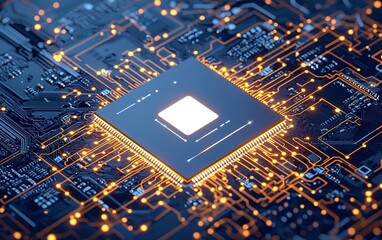 Poster - A close-up view of a microchip embedded in a complex circuit board with glowing connections highlighting technological advancements