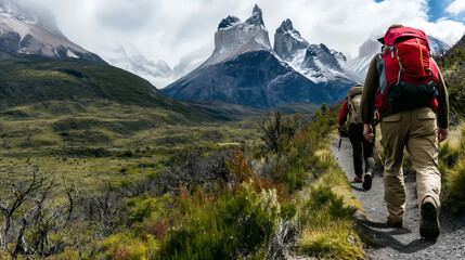 Two tourists walking along a trail with mountains in the background. Hiking in the highlands.