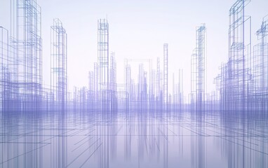 Poster - Abstract representation of a futuristic city skyline with towering structures and reflective surfaces during twilight hours