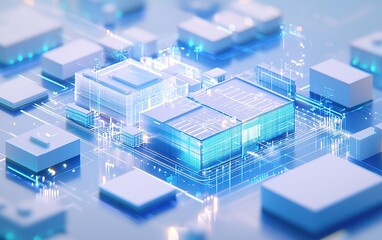 Poster - A futuristic cityscape with neon blue accents showcasing advanced architecture and digital design elements