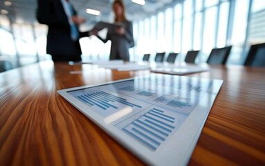 Poster - Business professionals discussing financial reports during a meeting in a modern conference room with large windows