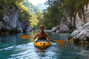 a back view woman paddling a kayak on a high cliffed waterway