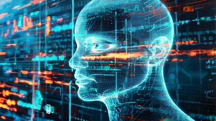 Poster - Digital Human Head with Glowing Circuits and Binary Code Futuristic Exploration of Artificial Intelligence and Technology in Vibrant Neon Colors.