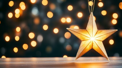 Illuminated star-shaped decoration with bokeh lights in the background, creating a warm festive glow