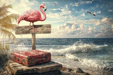 Wall Mural - Travel background with empty wooden board on the beach and Summer accessories. 