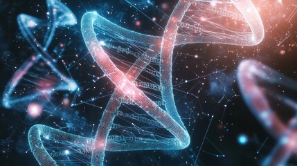 A futuristic visualization of DNA strands within a digital cyberspace, illustrating concepts related to biotechnology and genetic data analysis
