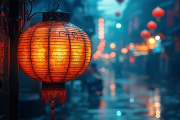 Wall Mural - Illuminated Red Lantern Hanging in a Rainy Alleyway