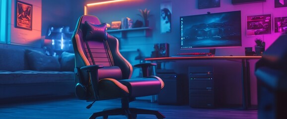 Aufkleber - modern gaming room with neon lights, gaming chair, computer, and a couch.