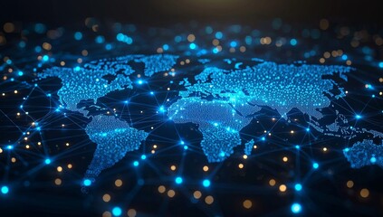 Fototapete - World map hologram with abstract blue wireframes on black.