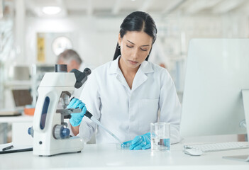 Wall Mural - Scientist, woman and microscope with petri dish and medical analysis in laboratory. Chemistry, test and hospital research for monkeypox vaccine dropper and science work with ppe gear for virus study