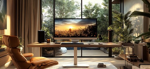 Poster - Modern home office with a computer monitor showing a sunset over a field.