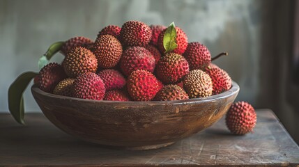 Wall Mural - A bowl of fresh, ripe lychees on a wooden table.