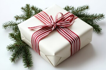 Charming Christmas present wrapped in red and white striped ribbon with pine branches, featuring a white gift box and bow against a white background.