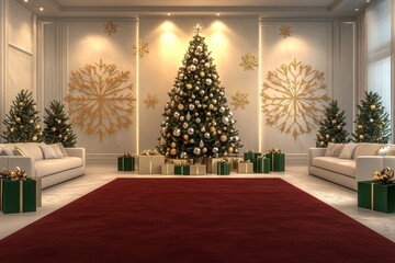 Wall Mural - Elegant Christmas tree adorned with gold and silver ornaments in a stylish living room, surrounded by white sofas and a red carpet for New Year's Eve.