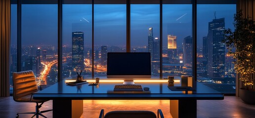 Poster - Modern office desk with a computer and a stunning cityscape view through a large window.