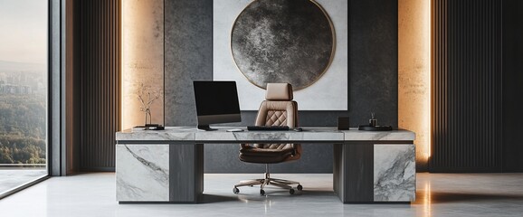 Aufkleber - Modern office interior with marble desk, leather chair, and city view.