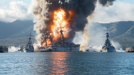 Navy battleship exploding and burning in harbor during world war two battle