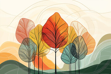 Poster - Abstract trees with colorful leaves growing in a minimalist landscape