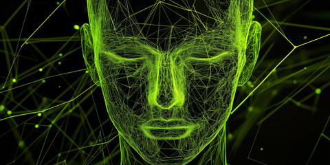 Poster - Artificial intelligence face surrounded by glowing network nodes