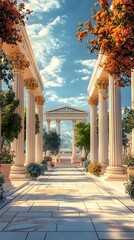 Wall Mural - Greek temple mountain scenic view ancient historic landscape scene picture