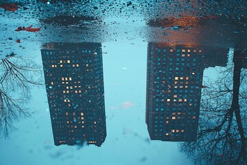 Wall Mural - Upside-Down Reflection of Two Buildings in a Puddle