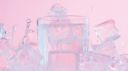 Poster - Glass of water with ice cubes surrounded by splashing water on pink background