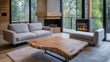 Wall Mural - Live edge accent coffee table between two sofas by fireplace, Scandinavian home interior design of modern living room in house in forest.