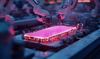 Aufkleber - Two robotic arms assembling a smartphone on a factory production line.