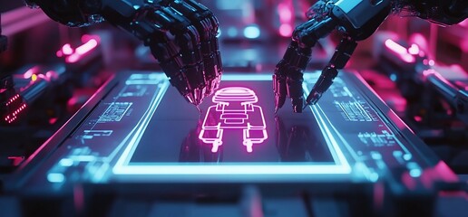 Fototapete - Two robotic arms interact with a digital interface, highlighting a pink robot symbol on the screen.