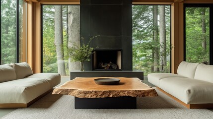 Wall Mural - Live edge accent coffee table between two sofas by fireplace, Scandinavian home interior design of modern living room in house in forest.