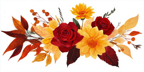 Poster - Autumn flower arrangement with red roses and yellow dahlias
