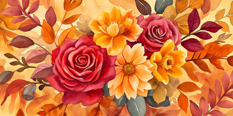 Poster - Autumn floral arrangement with roses and dahlias on a yellow background