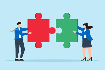 Poster - Flat illustration of businessman and businesswoman connect jigsaw puzzle pieces symbolizing teamwork and cooperation to solve challenges
