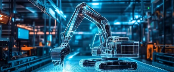 Fototapete - Wireframe of a futuristic excavator in an industrial setting.