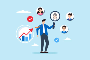 Poster - Flat illustration of businessman with magnifying glass focuses on users or client illustrating customer centric marketing strategy