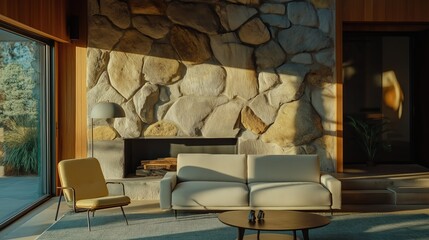 Wall Mural - Sofa and chair by fireplace in wild stone cladding wall. Mid-century home interior design of modern living room.