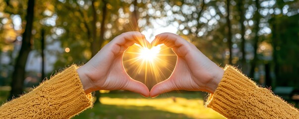 A person's hands form a heart shape against a glowing sunset, surrounded by soft greenery, symbolizing love and warmth in nature.