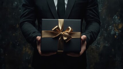 A man in a black business suit holds a black gift box on a dark background. An advertising poster with a place for the text. Sale, Black Friday