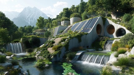 Wall Mural - Clean energy solutions with a combination of solar, wind, and hydroelectric plants in harmony with nature.