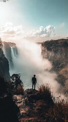 Young man standing on a cliff admiring victoria falls at sunset