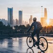 © Escapefrommm - Morning bicycle ride through urban landscape at sunrise