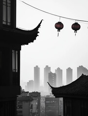 Illustration background of red lanterns in the night sky