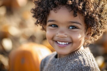 Smiling boy with curly hair standing in a pumpkin patch on a sunny day Generative AI