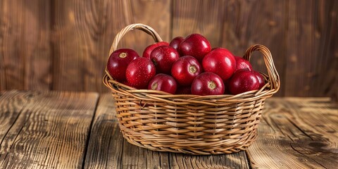 Wall Mural - A wicker basket overflowing with fresh, ripe red apples against a rustic wood background.