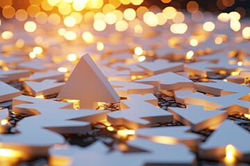 Poster - White geometric shapes on a blurred glowing background.