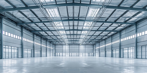 An empty industrial warehouse with a metal structure and spacious interior. The modern design highlights storage capacity and flexibility for large-scale industrial operations or distribution centers.