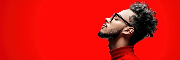 Profile view of a stylish man against a vibrant red background.