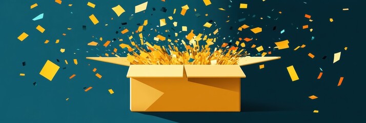 Wall Mural - A box bursting with creative elements, colorful pieces flying out, isolated background.